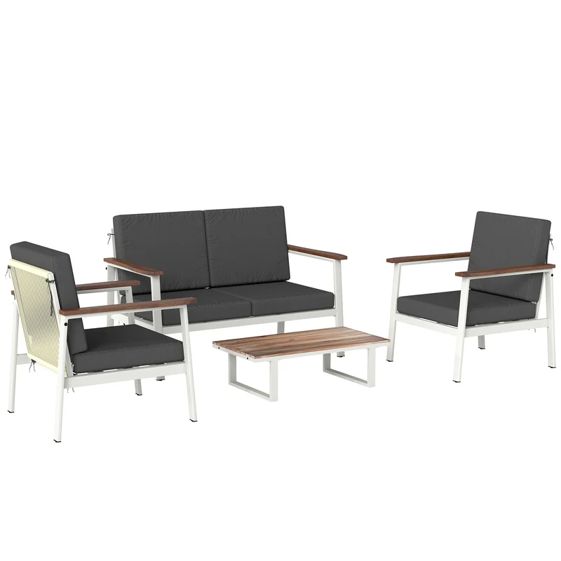 Set 4 Pezzi Salotto da Giardino Divano 2 Posti 2 Poltrone e Tavolino in Legno di Acacia e Metallo Grigio