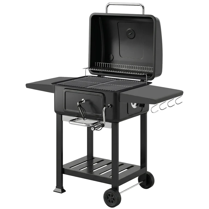 Barbecue a Carbone 112x65x115 cm Griglia Smoker con Ruote in Metallo e Acciaio Nero