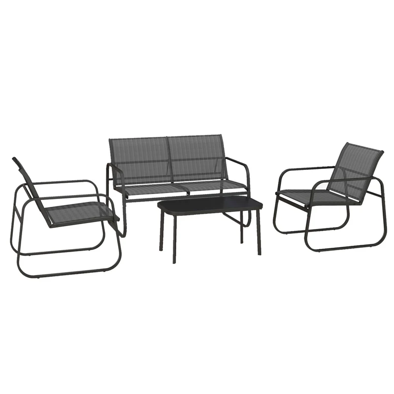Set 4 Pezzi Salotto da Giardino con 2 Poltrone Divano 2 Posti e Tavolo in Mesh Nero
