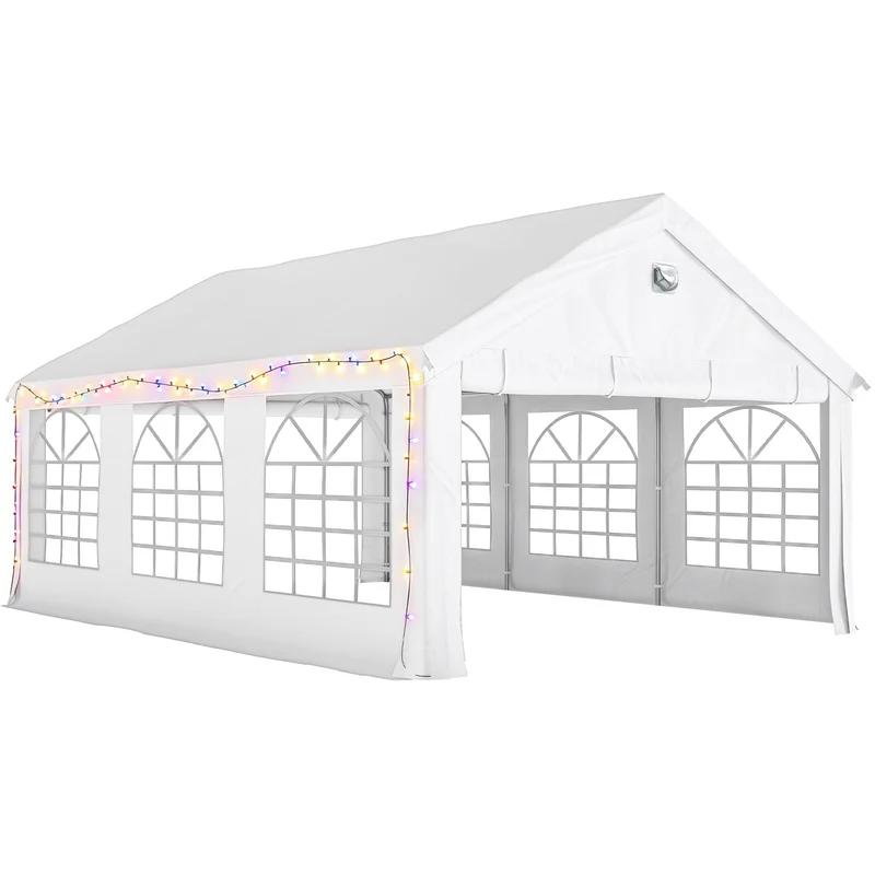 Tendone da Giardino Gazebo per Feste 598x394x302 cm con Finestre e 4 Pareti Laterali Rimovibili in Acciaio e PE Bianco