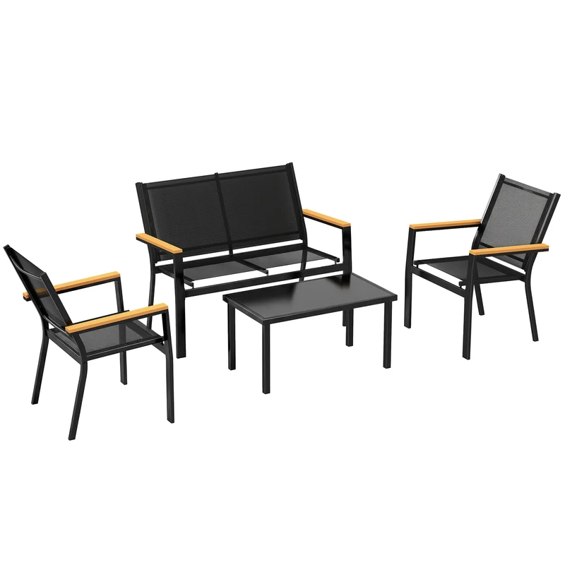 Set 4 Pezzi Salotto da Giardino con Tavolino da Caffè in Vetro Temperato e 3 Sedute in Tessuto Texteline Nero
