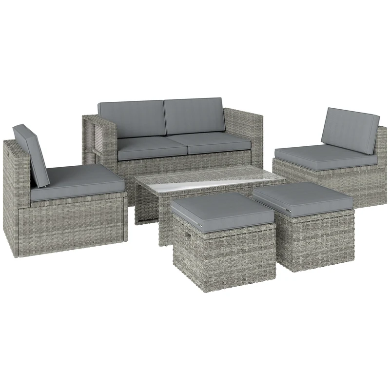 Set 6 Pezzi da Esterno con Divano 2 Sedie Tavolino con Piano in Vetro e 2 Pouf in Rattan Grigio Scuro