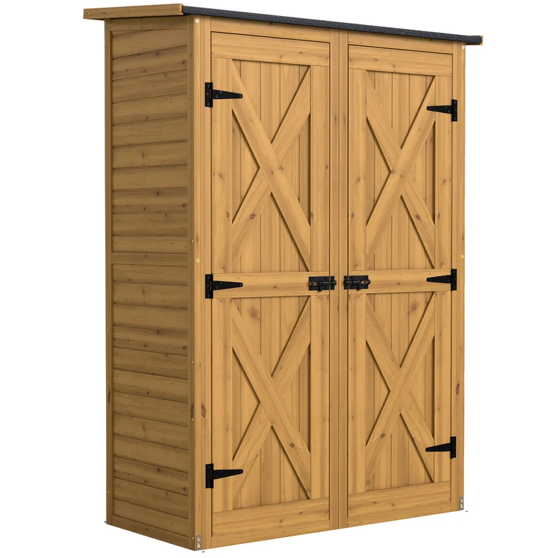 Capanno Armadio Porta Attrezzi da Giardino 115x53x156 cm con Ripiani Interni in Legno di Abete Marrone