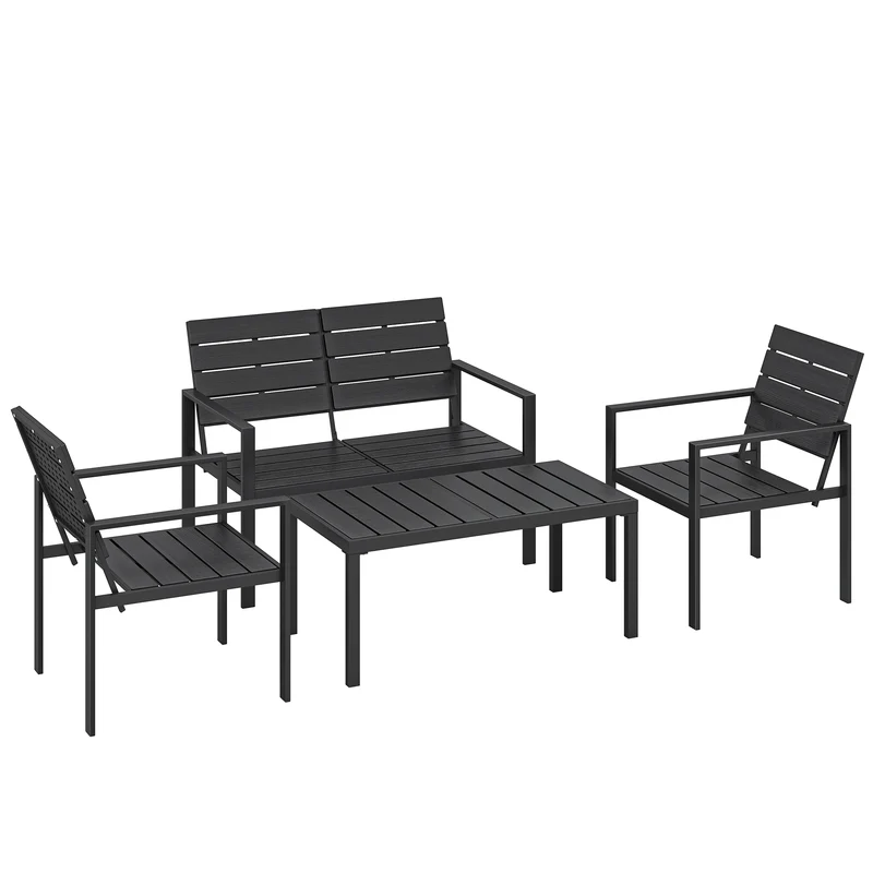 Set 4 Pezzi Salotto da Giardino con Tavolino da Caffè Divanetto 2 Posti e 2 Sedie in HDPE e Metallo Nero