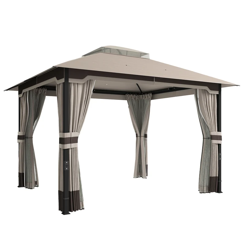Gazebo da Giardino 360x300x279 cm con Zanzariera Tende e Tetto Doppio Strato in Poliestere Cachi