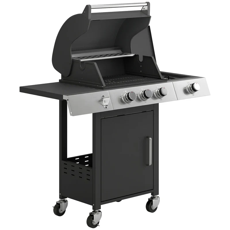 Barbecue a Gas 109x50x109 cm con 3 Fuochi e Bruciatore Laterale in Acciaio Inox e Metallo Nero