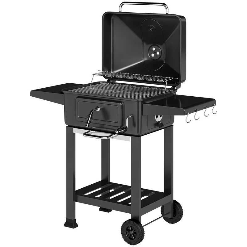 Barbecue a Carbone 112x63x101,5 cm Affumicatore Portatile con Ventilazione Termometro e Mensole Laterali in Acciaio Nero