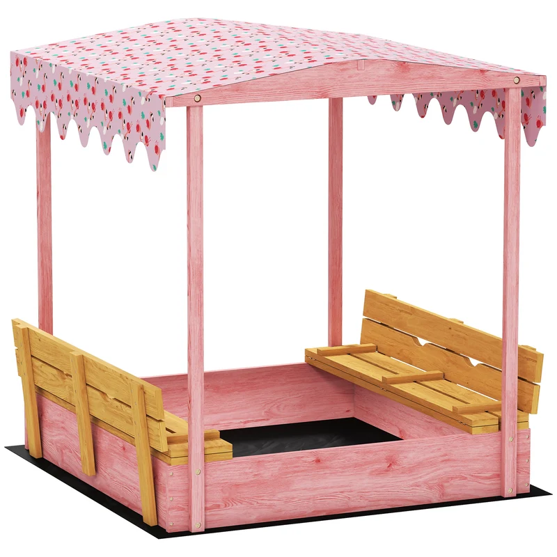 Sabbiera per Bambini 3-6 Anni 134,5x127,5x130 cm con Tettuccio Fenicotteri Sedute Pieghevoli Coperchio e Fodera in Legno di Abete Rosa
