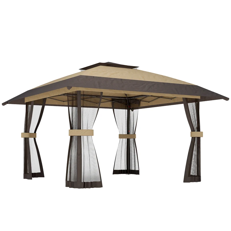Gazebo Pieghevole 400x400x287 cm con 4 Zanzariere Laterali Doppio Tetto e Sacchi di Sabbia Cachi e Marrone