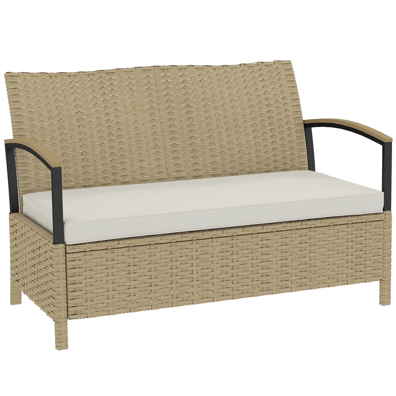 Panca Contenitore da Giardino 123x70x82 cm Capacità 125L con Cuscino Imbottito in Metallo e Rattan PE Cachi