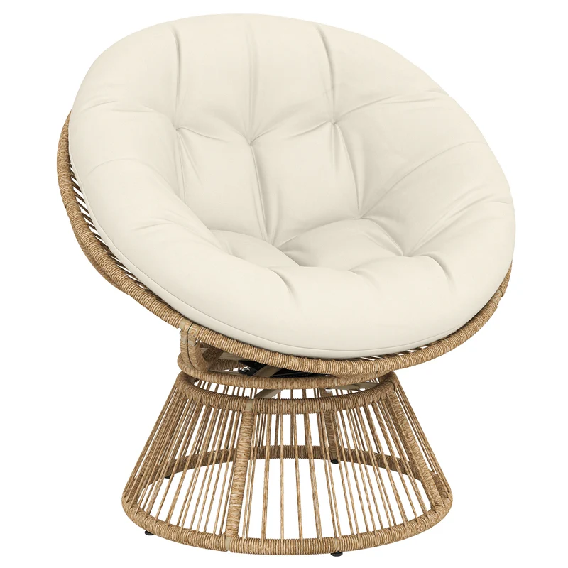 Poltrona Papasan Girevole 360° Moon Chair con Cuscino in Rattan PE e Cotone PP Bianco Crema
