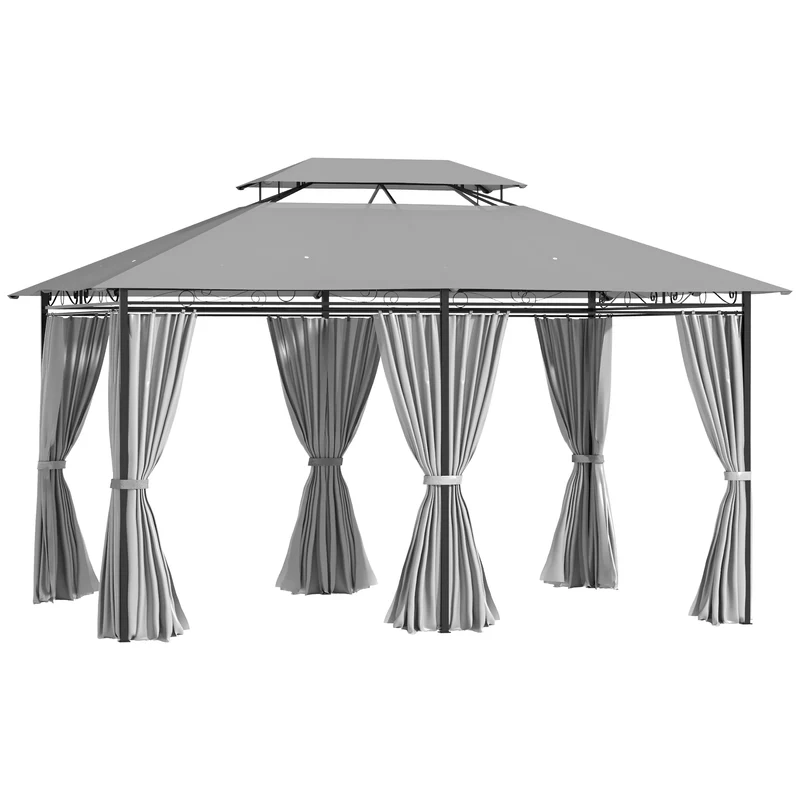 Gazebo da Giardino 300x400x275 cm con 6 Tende e Tetto a 2 Livelli in Acciaio e Poliestere Grigio Scuro