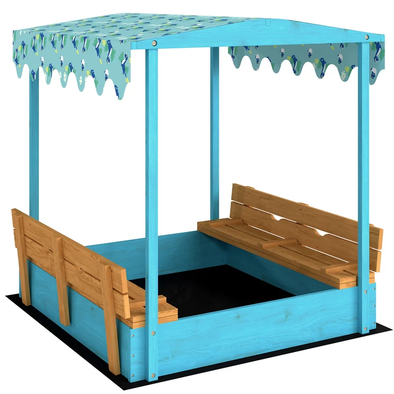 Sabbiera per Bambini 3-6 Anni 134,5x127,5x130 cm con Tettuccio Dinosauri Sedute Pieghevoli Coperchio e Fodera in Legno di Abete Blu