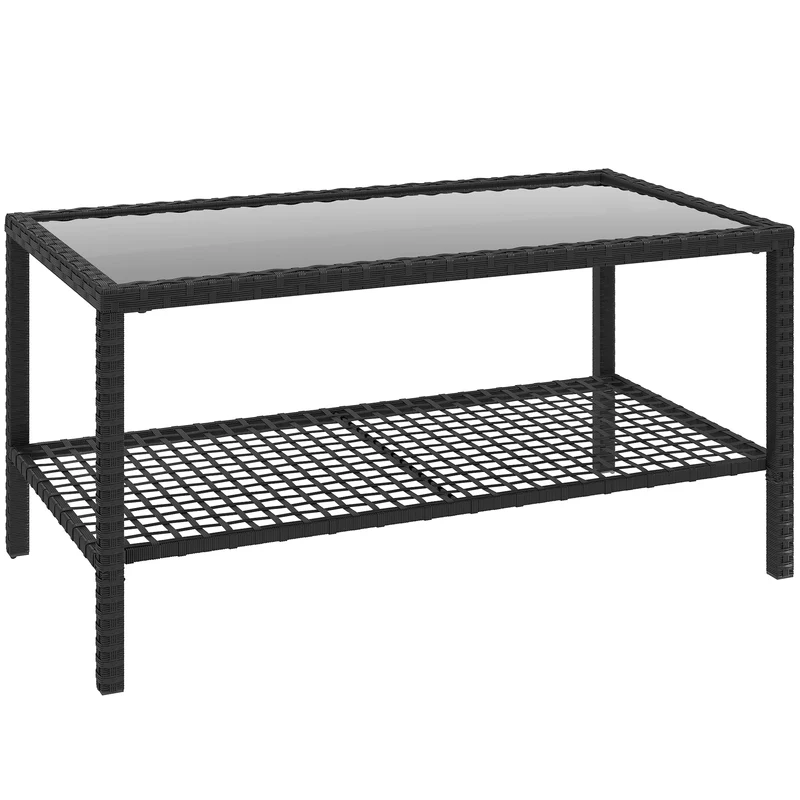 Tavolino da Caffè a 2 livelli 92x50x45 cm con Piano in Vetro Temperato e Ripiano in Acciaio e Rattan Nero