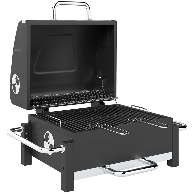 Barbecue a Carbonella BBQ Portatile con Termometro e Raccogli Cenere in Metallo e Acciaio Nero