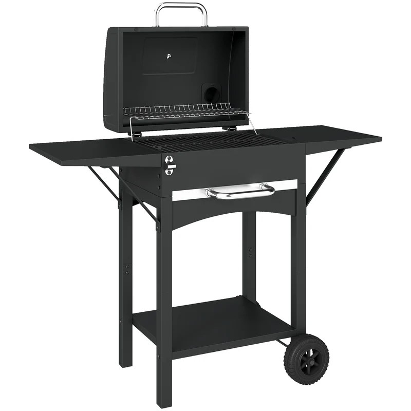 Barbecue a Carbone 110x46,5x101 cm con 2 Ripiani Laterali Termometro Coperchio e Ruote in Metallo e Acciaio Nero