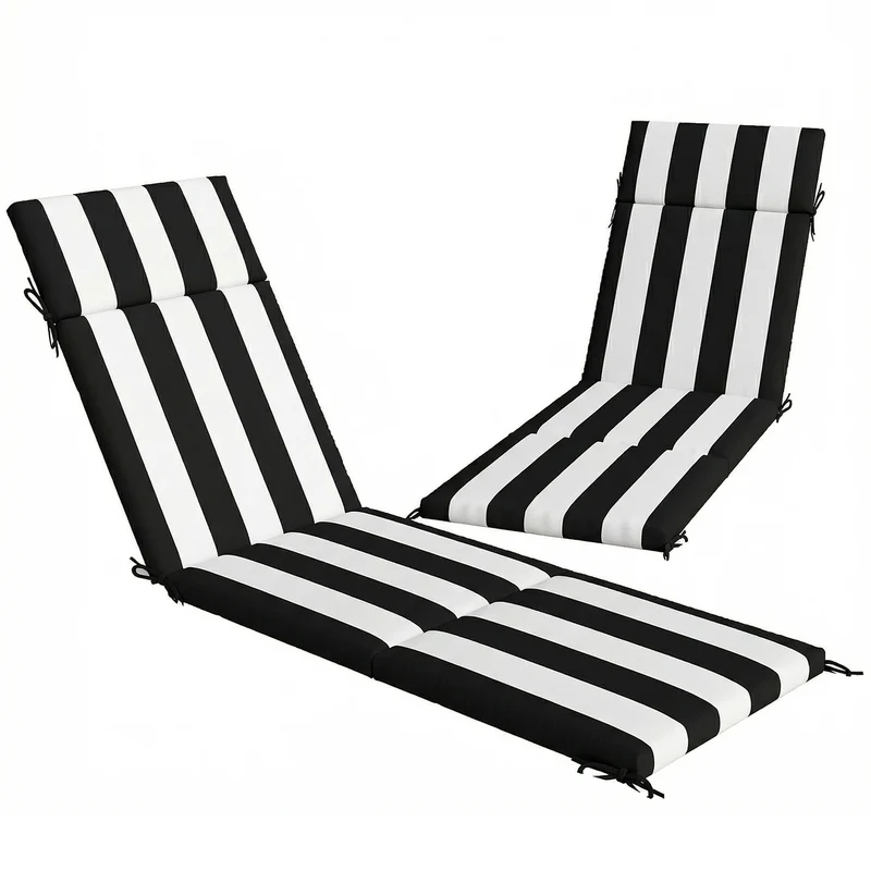 Set 2 Cuscini per Sedie da Esterno 183x54x6,5 cm con 6 Lacci di Fissaggio in Cotone Nero e Bianco