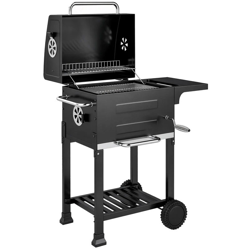 Barbecue a Carbone 75x59x94 cm con Termometro e Griglia di Cottura in Acciaio inox 304 Nero