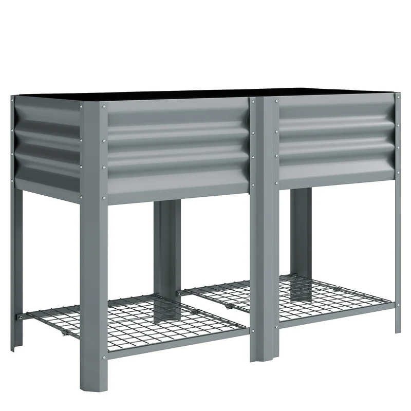 Vaso Rialzato 120x55x80 cm con Ripiano Portaoggetti Capacità 150L in Acciaio Zincato Grigio