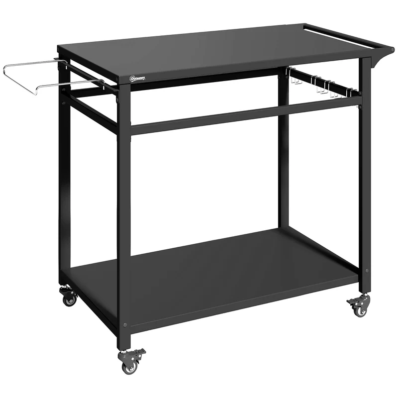 Carrello Barbecue 113x50,5x88 cm 2 Ripiani Supporto Pizza Portasacchi e Ganci in Metallo e Acciaio Nero