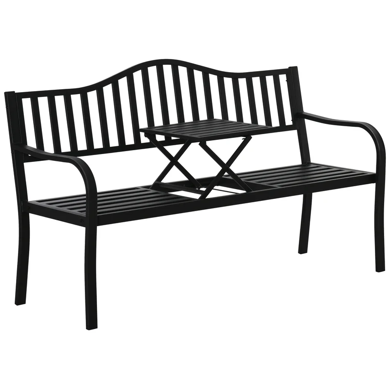Panchina da Giardino 2-3 Posti 150x58,5x90cm con Tavolino Sollevabile in Metallo Nero