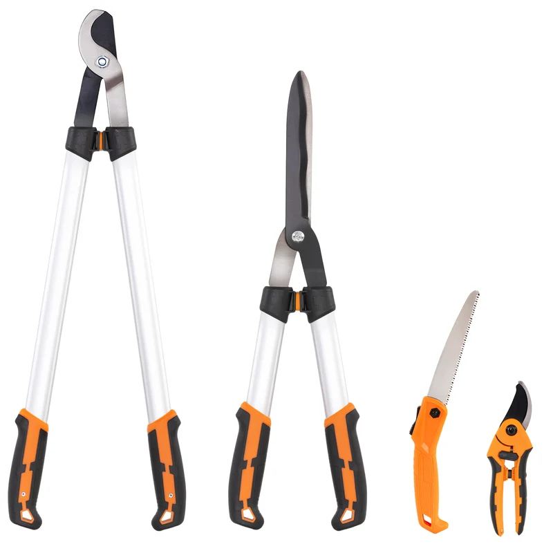 Set 4 Pezzi da Giardinaggio con Cesoie Troncarami Forbici da Potatura e Seghetto Pieghevole Arancione