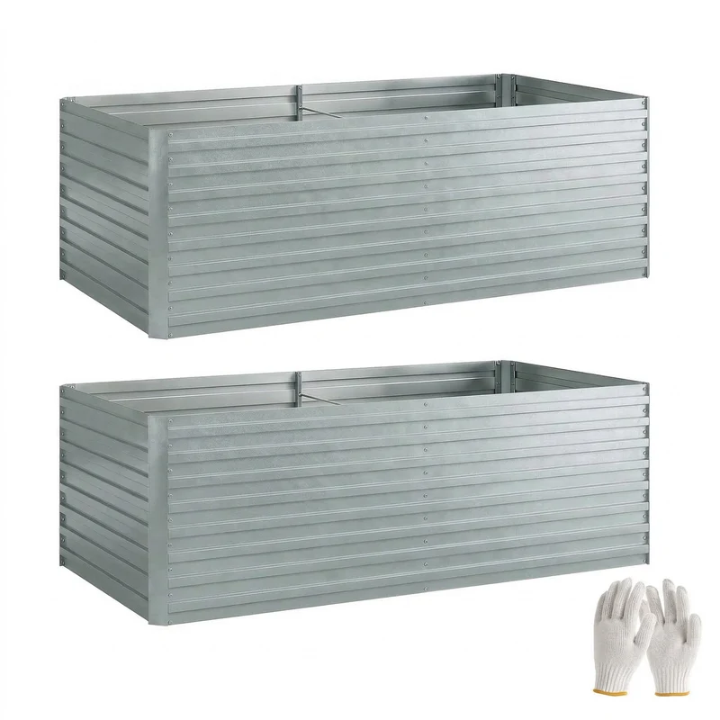 Set di 2 Aiuole Rialzate con Bordo Sicuro per Orto in Metallo Galvanizzato Argento
