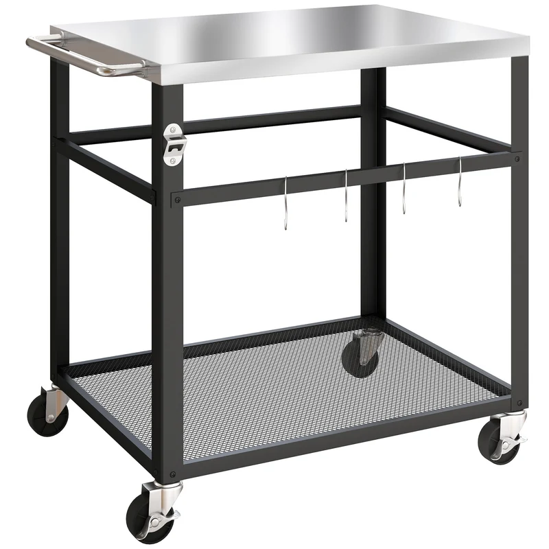 Carrello per Barbecue 82x55x79 cm con Piano 4 Ganci a S Maniglia e Apribottiglie in Acciaio Inox Nero