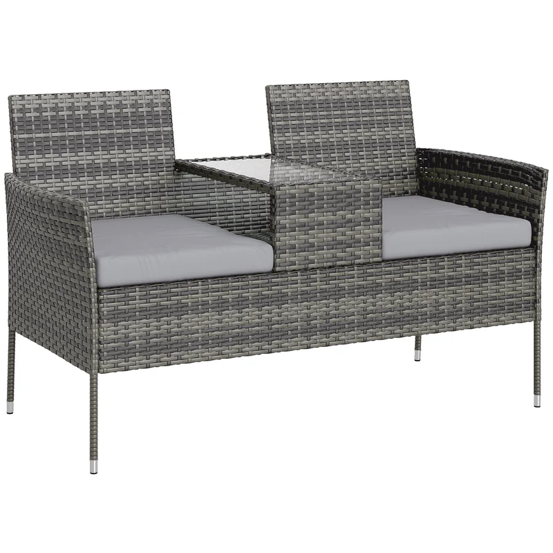 Panchina da Esterno 2 Posti 137x59x82 cm con Tavolino da Caffè in Acciaio e Rattan PE Grigio