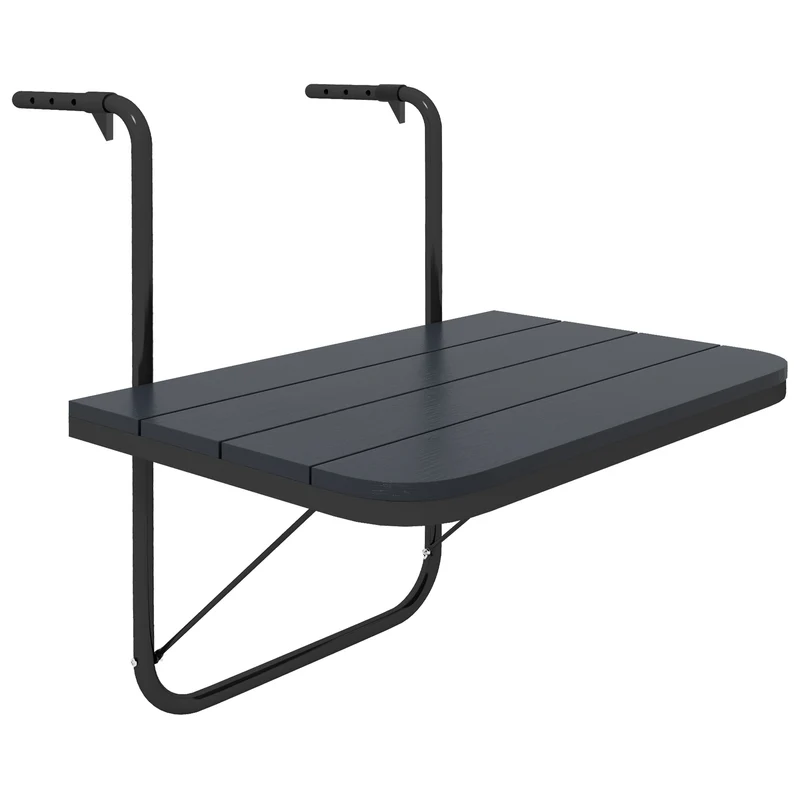 Tavolino da Balcone Pieghevole e Regolabile, in Alluminio e Legno Composito, 60x40x55-64 cm, Nero