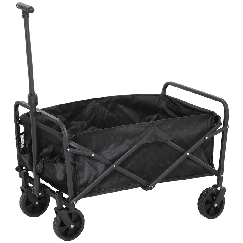 Carrello da Giardino 62L Pieghevole con Maniglia Regolabile, in Metallo e Tessuto Oxford, 76x48x86 cm, Nero