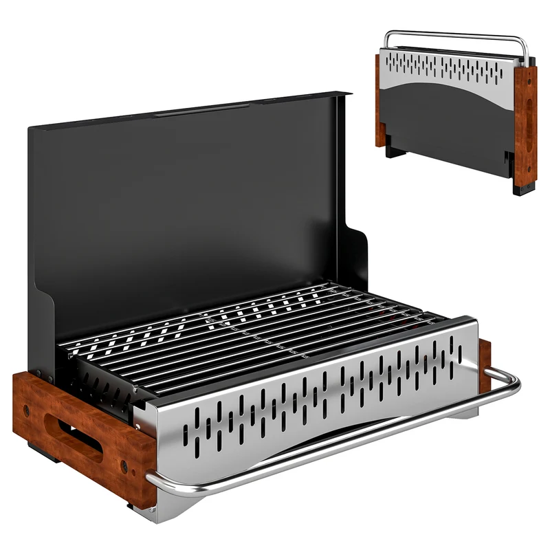 Barbecue Portatile a Carbone con Vaschetta Rimovibile, in Acciaio Inox e Metallo, 50.5x34x33 cm, Nero