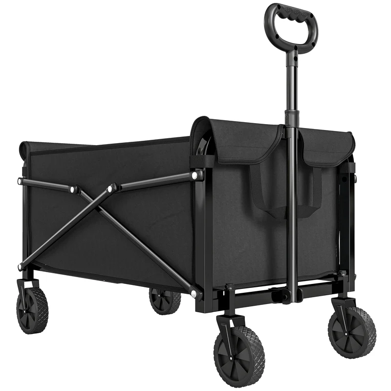 Carrello da Giardino 80L Pieghevole con Maniglia Regolabile, in Metallo e Tessuto Oxford, 78x47.5x92 cm, Nero