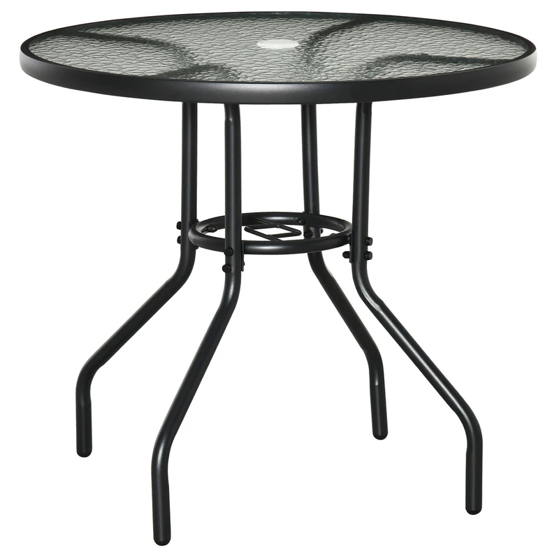 Tavolino da Giardino Ø80x72 cm Piano in Vetro con Foro in Metallo Nero
