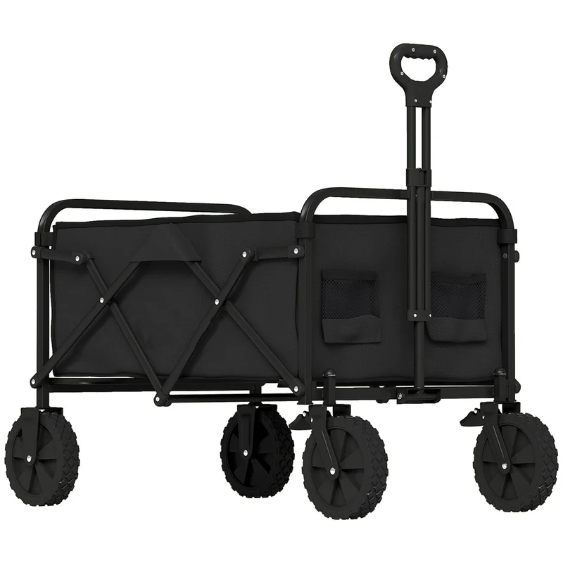 Carrello da Giardino o Campeggio Pieghevole Capacità 90L con Manico Regolabile e Portabicchieri in Metallo e Tessuto Oxford Nero