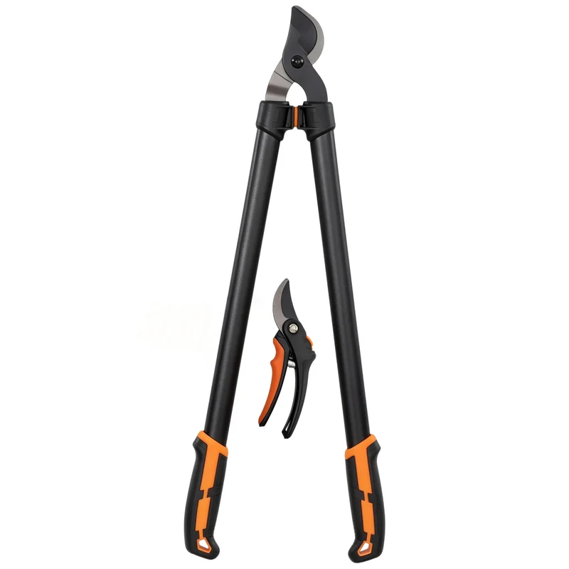 Set 2 Pezzi da Giardinaggio con Troncarami e Cesoie con Impugnatura Morbida e Blocco di Sicurezza in Acciaio Nero e Arancione