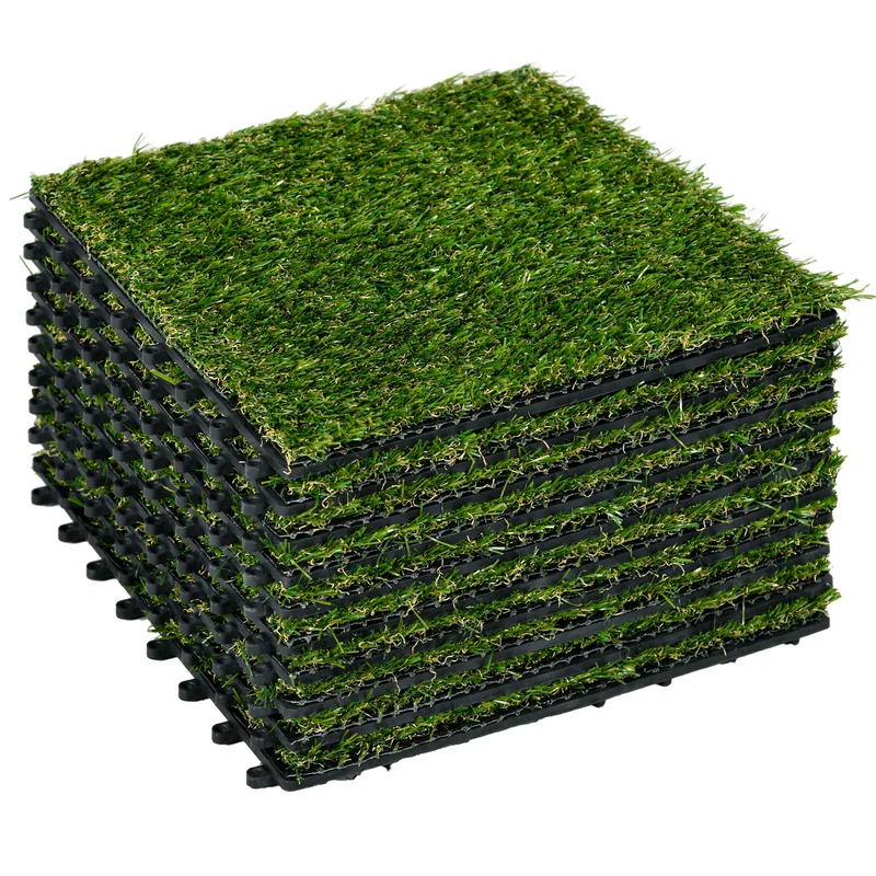 Set 10 Piastrelle 30x30 cm Erba Finta 20 mm Prato Artificiale Sintetico Realistico Verde Scuro