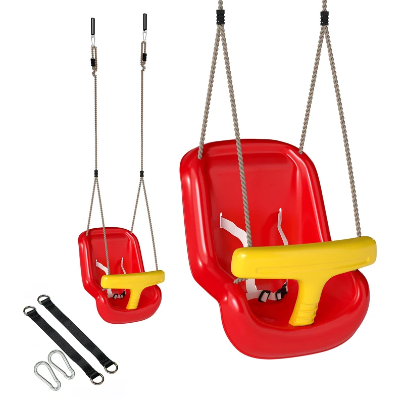 Altalena per Bambini 9-36 Mesi Regolabile 28x36x180 cm con Corde e Moschettoni in PE Rossa e Gialla