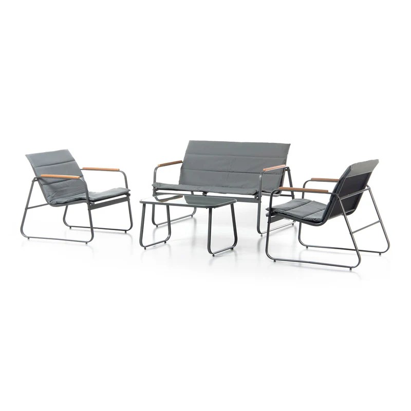 Set Salotto da Giardino 4 Pezzi Bali Divano Poltrone e Tavolino in Acciaio Textilene e Imbottitura in Policotone Grigio