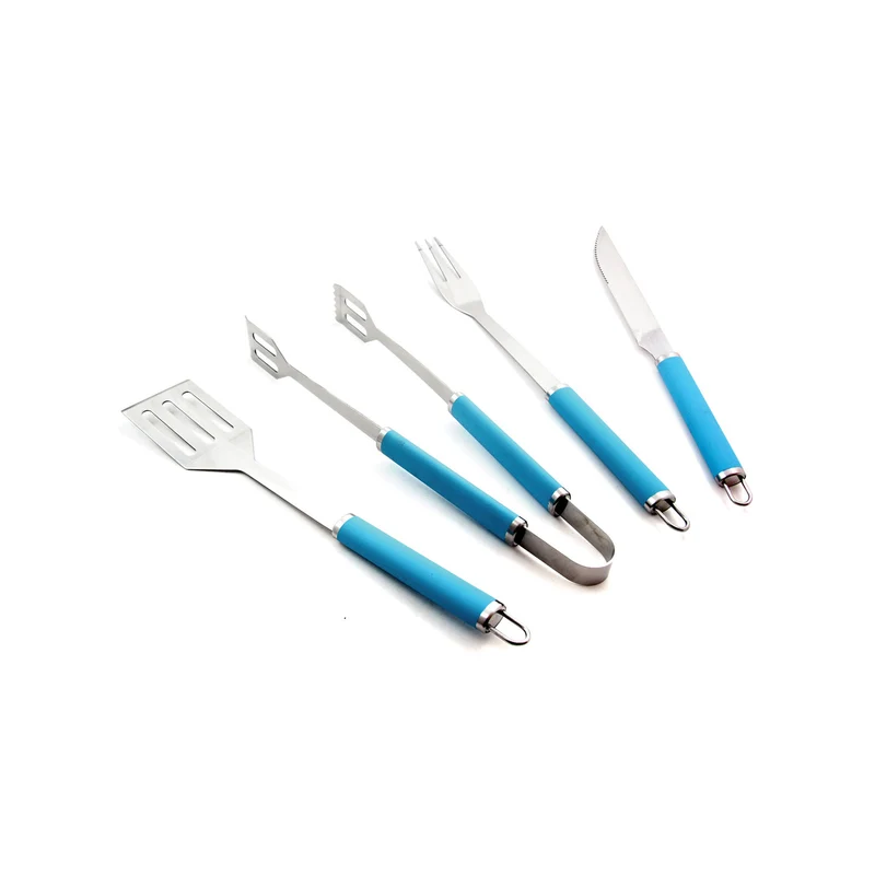 Set 4 Utensili Accessori per Barbecue in Metallo e TPR Azzurro