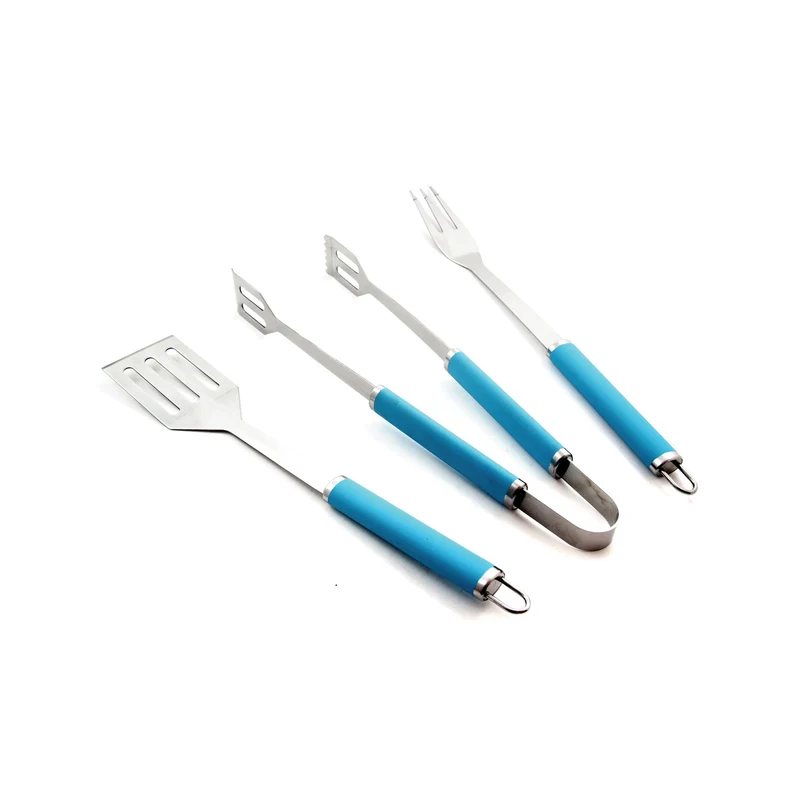 Set 3 Utensili Accessori per Barbecue in Metallo e TPR Azzurro