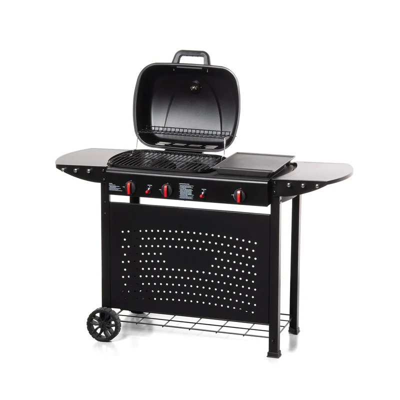 Barbecue a Gas Cheffo a 3 Fuochi Accensione Piezoelettrica 130,5x50,5x93 cm Potenza 8,5 kW in Acciaio Nero