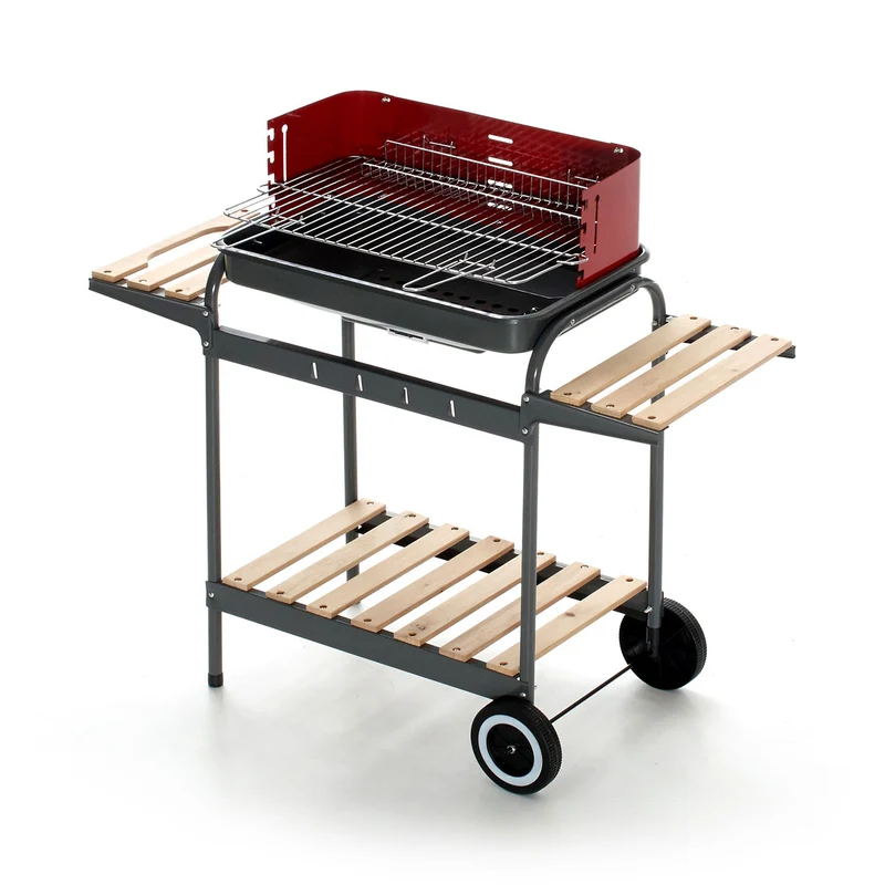 Barbecue a Carbonella 102x38x88,5 cm Struttura in Acciaio e Ripiani in Legno Nero e Rosso