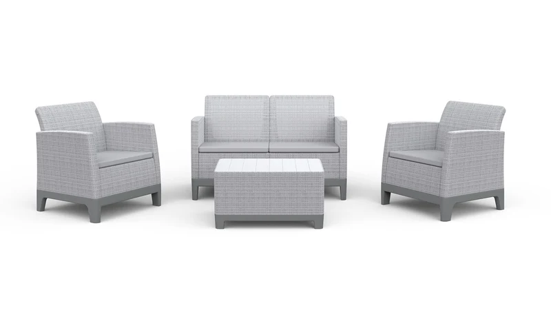Set Salotto da Giardino 4 Pezzi Divano Poltrone e Tavolino Contenitore Keter Scandi Forma Effetto Juta Grigio Chiaro