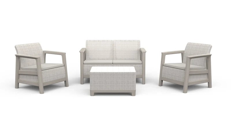 Set Salotto da Giardino 4 Pezzi Divano Poltrone e Tavolino Contenitore Keter Scandi Linea Effetto Juta Beige Chiaro
