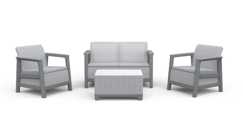 Set Salotto da Giardino 4 Pezzi Divano Poltrone e Tavolino Contenitore Keter Scandi Linea Effetto Juta Grigio Chiaro e Grigio Scuro