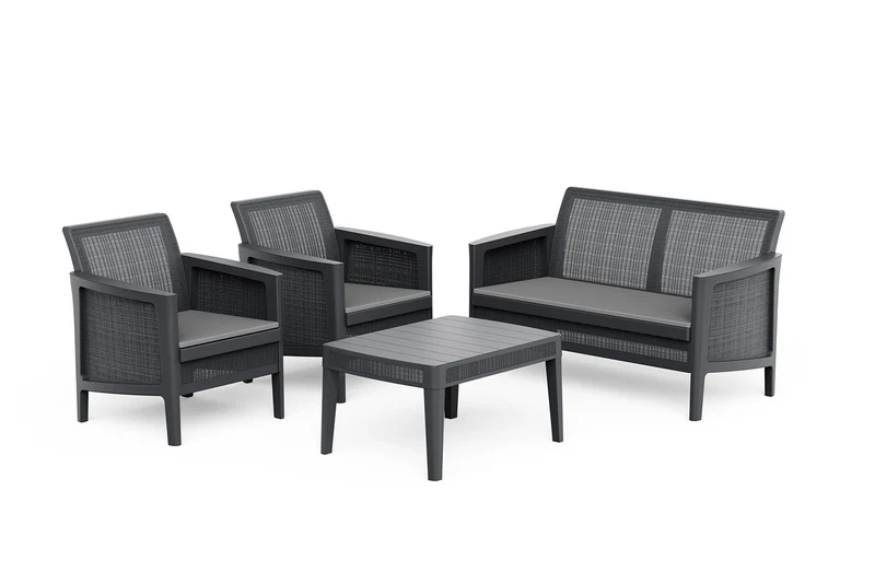Set Salotto da Giardino 4 Pezzi Divano Poltrone e Tavolino Keter Atlas Forma Effetto Juta Grigio Grafite