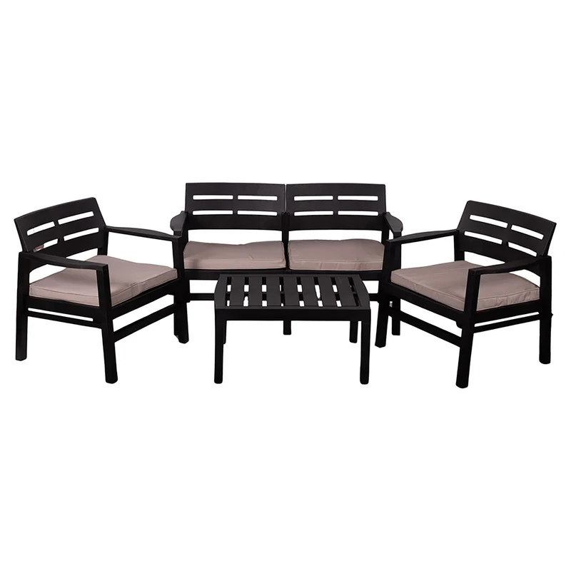 Set Salotto da Giardino 4 Posti Cuscini Tortora Struttura Nero Effetto Legno Malindi