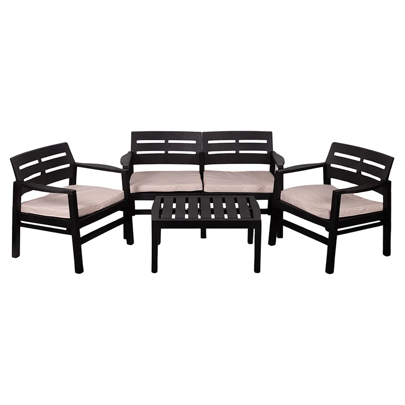 Set Salotto da Giardino 4 Posti Cuscini Avorio Struttura Nero Effetto Legno Malindi