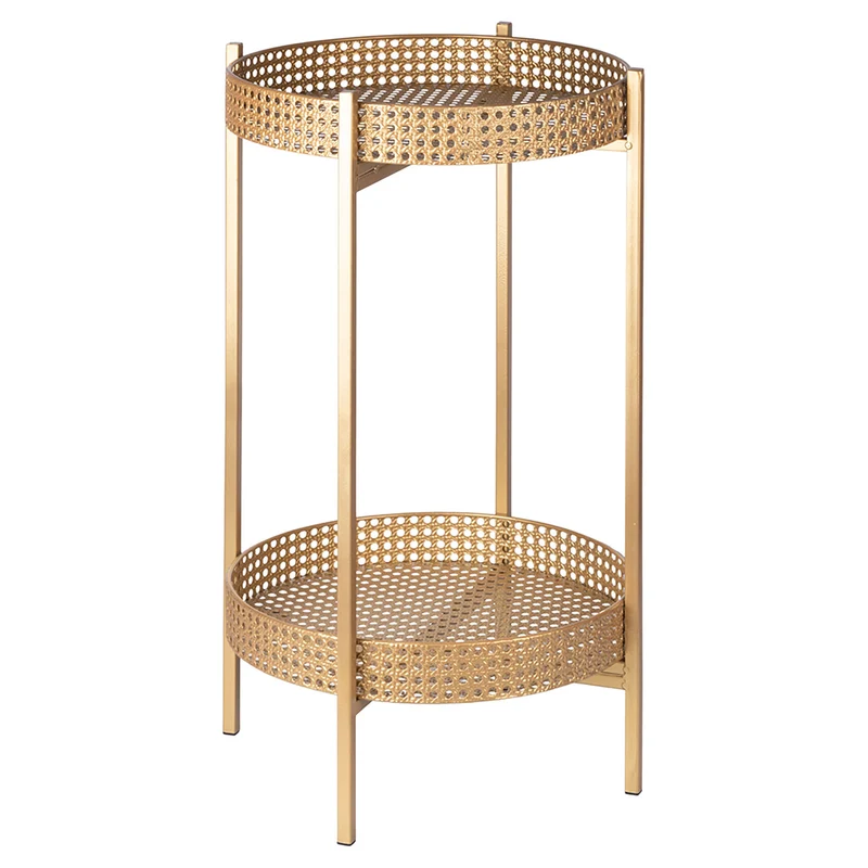 Tavolino Ø40x70 cm 2 Ripiani Effetto Paglia Di Vienna in Ferro Oro
